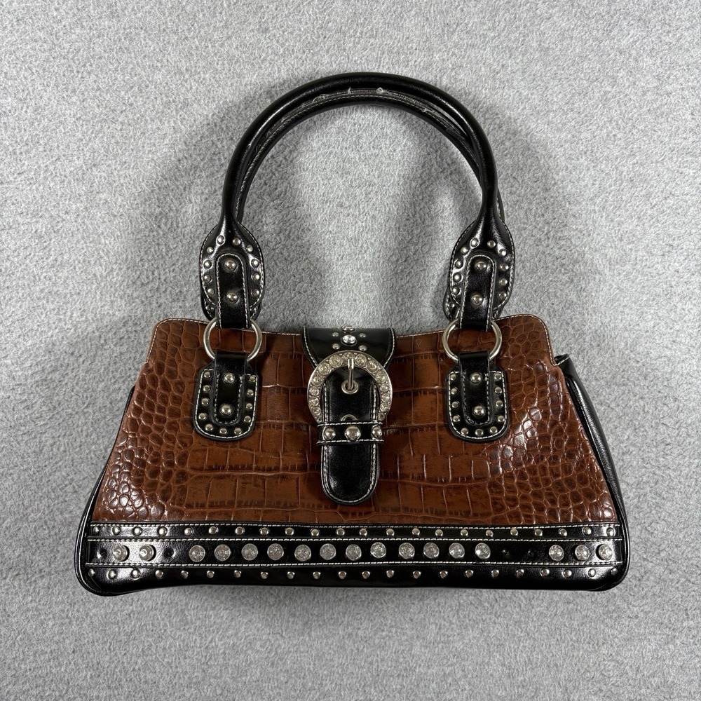 VTG Y2K Western Studded Rhinestone Buckle Purse Croc Shoulder Bag Brown Black